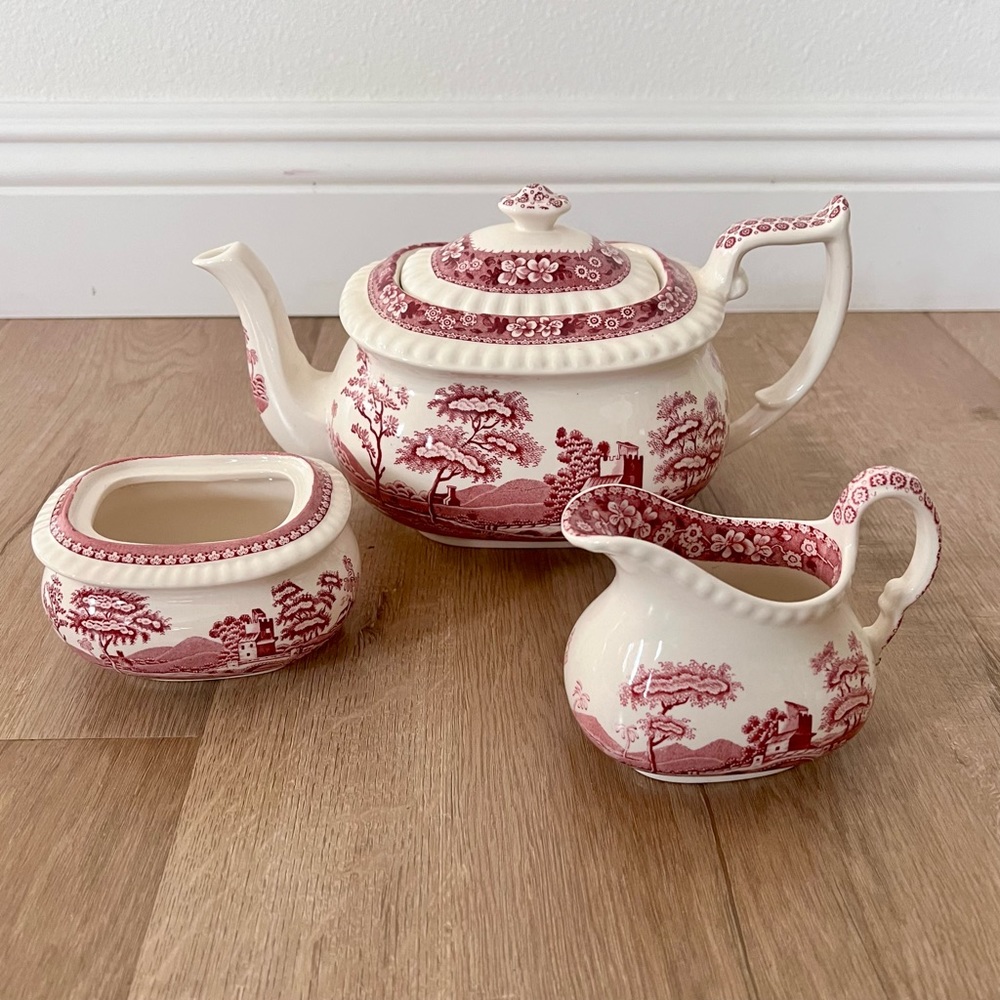 Spode England‎ “ Pink Tower “ 5 Cup Teapot, Creamer, Sugar Bowl Set - Vintage